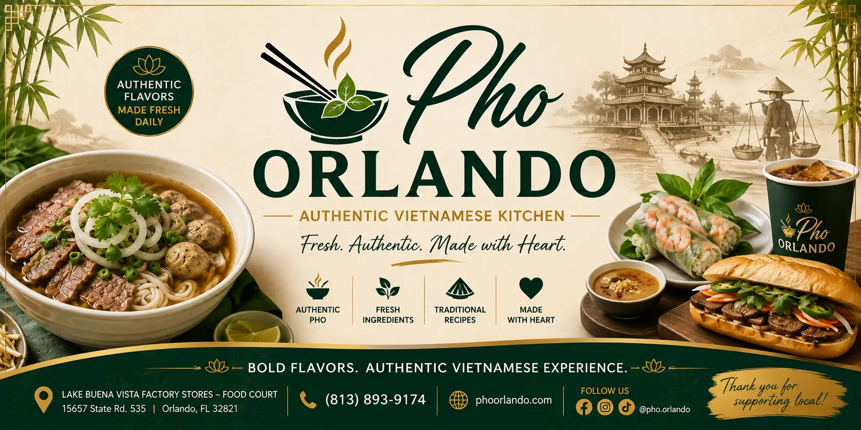 Pho Orlando – Authentic Vietnamese Kitchen banner with restaurant location, phone number, menu highlights, and Vietnamese food